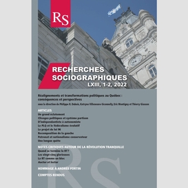 Recherches sociographiques vol 63, 1-2, 2022